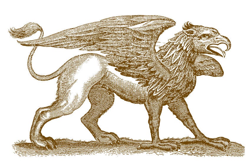 Mythical legendary hybrid creature griffin/gryphon front half of an eagle spreading its wings and the rear half of a lion.