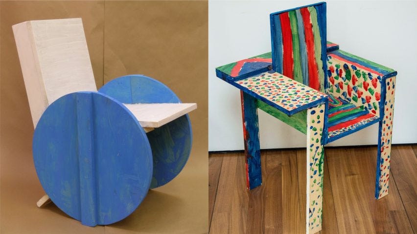Two photographs of chairs. The chair on the left has a large, square seat and back in a light coloured wood connected to two large circles painted blue that act as legs. A small wooden panel is sticking out from the back against the ground. The chair on the right is made up from large rectangular panels variously painted with coloured stripes and dots. One of the arms on the chair is wider than the other.