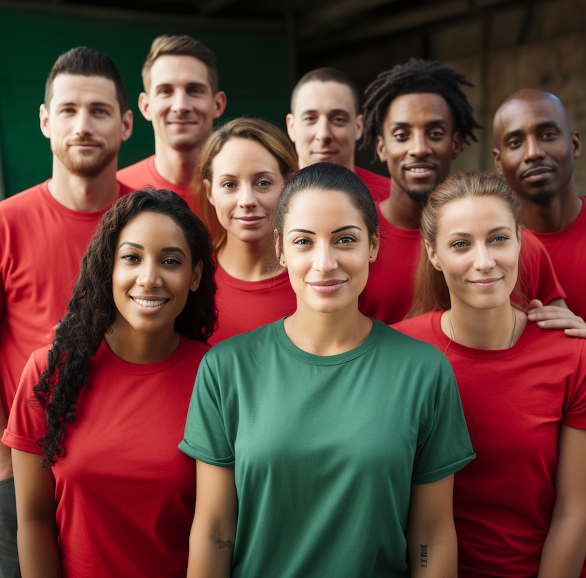 Midjourney image of a group of people. Most are wearing red t-shirts, one person is wearing green.