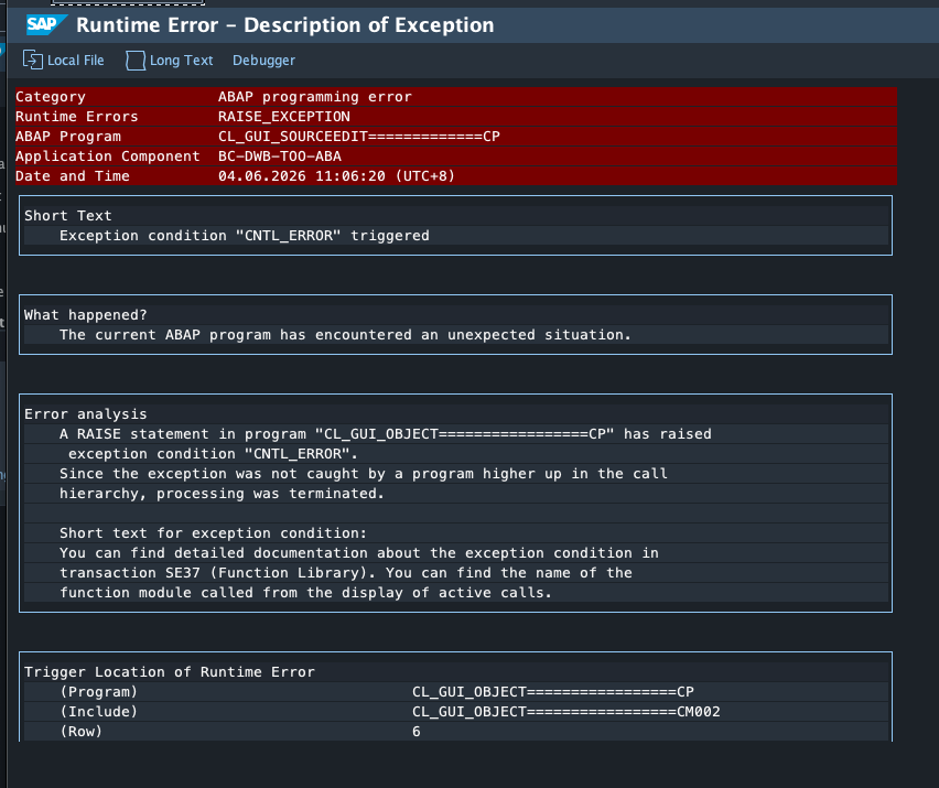 Fix: Runtime Error CNTL_ERROR When Opening ABAP Source in SAP GUI for Java 8.10