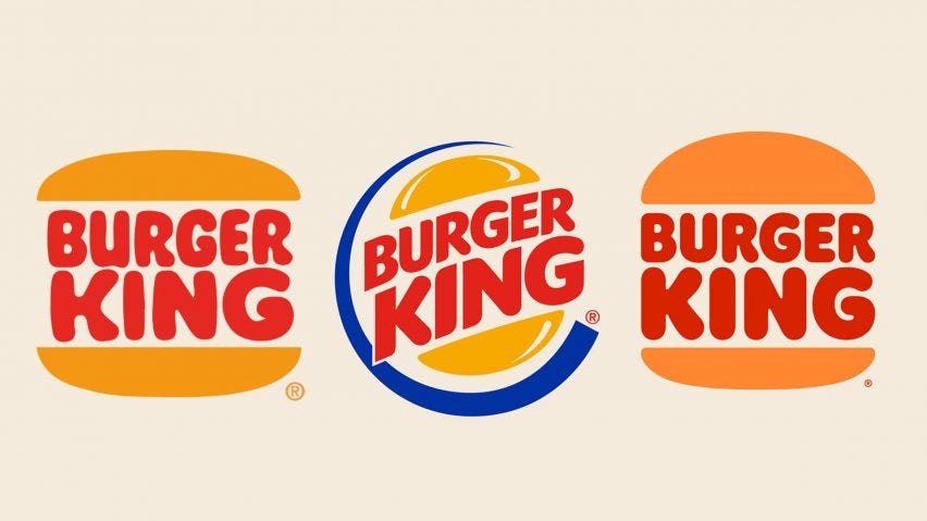 An evolution of Burger King logos ranging from a more simplistic original design to the more modern one with a blue crescent surrounding a stylised burger. The latest design removed these additions in favour of the first, more simplistic version with the Burger King name sandwiched between two burger buns.