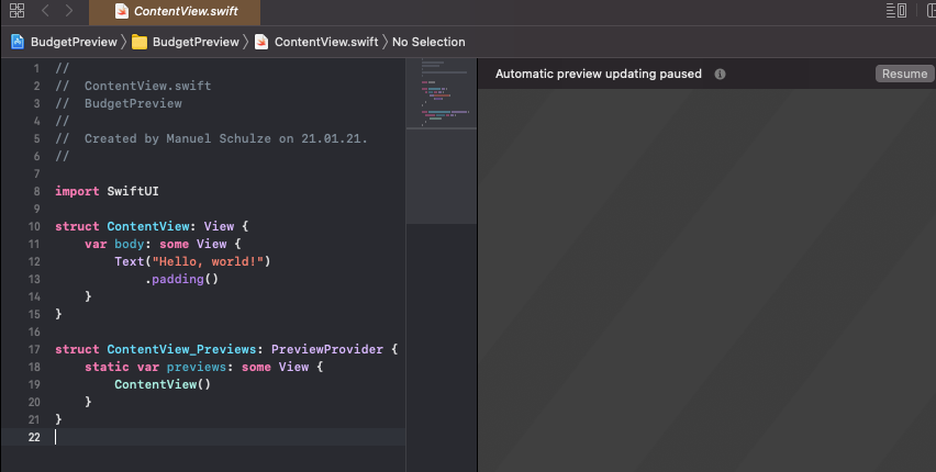 The ContentView.swift file with the SwiftUI code on the left and the canvas on the right.