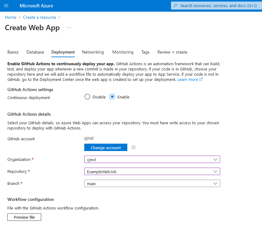 A screenshot of Azure’s “Create Web App” form, focused on the Deployment tab