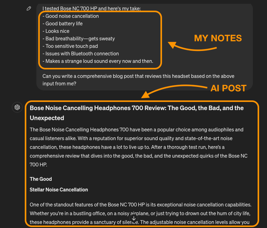 Turning notes for a blog post into a blog post with ChatGPT