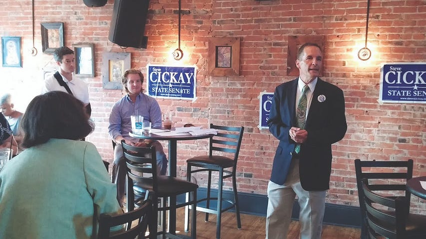 JACK FIRNENO / WIRE PHOTO 10th state Senate district candidate Steve Cickay spoke at a fundraiser in Doylestown last Thursday. Despite pressure to bow out of the race, he’s committed to challenging inumbent Chuck McIlhinney in November.
