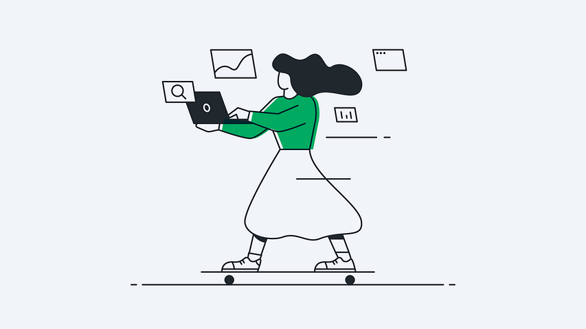 An illustration of a woman riding a skateboard while on designing on a laptop