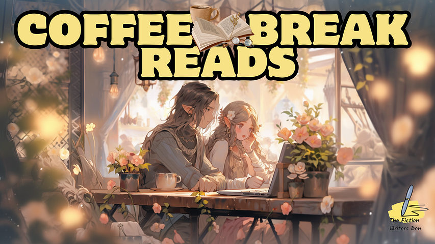 Cartoon of an elf couple at a laptop, holding coffee, plus the words coffee break reads