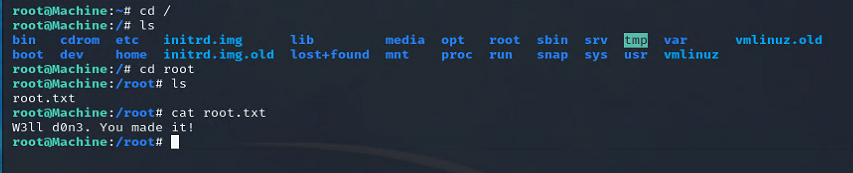 A screenshot displaying directories after a successful privileged shell creation and capturing the root flag.