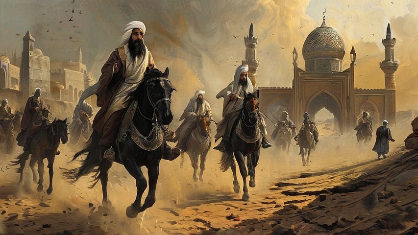 A painting depicts Arab horsemen riding through a dusty Middle Eastern city. In the foreground, a bearded man in white robes leads on a black horse, with ornate buildings and minarets visible in the background under a golden sky.