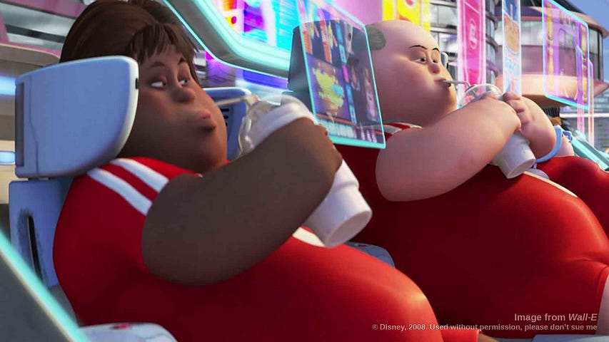 Scene from the Disney movie “Wall-E” featuring overweight people of the future.