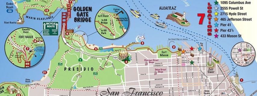 One of the many maps of a popular tourist bike rides around San Francisco