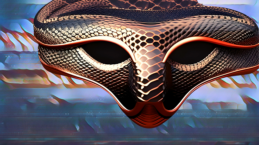 ‘Don Your Scales’ I Image of a Snakeskin Mask Generated by Gustave Deresse; Writer & AI Artist in NightCafe; Edited in Canva Pro