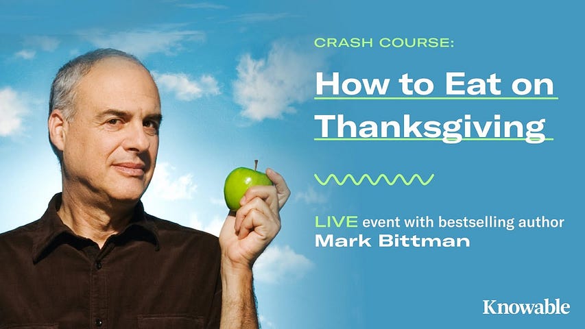 Screenshot of Mark Bittman’s “How to Eat on Thanksgiving” Youtube video, showing Mark holding a green apple in front of sky.