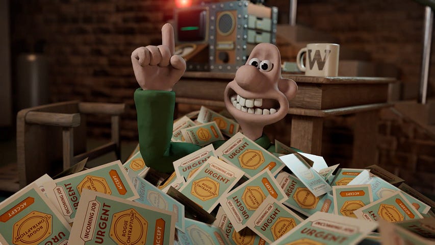 Wallace from The Big Fix Up is in his workshop surrounded by a pile of urgent job requests.