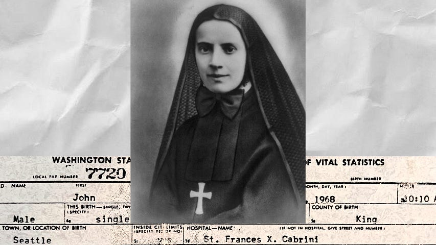 A black-and-white photo of Mother Frances Xavier Cabrini, layered over a photo of John Michalak’s birth certificate.