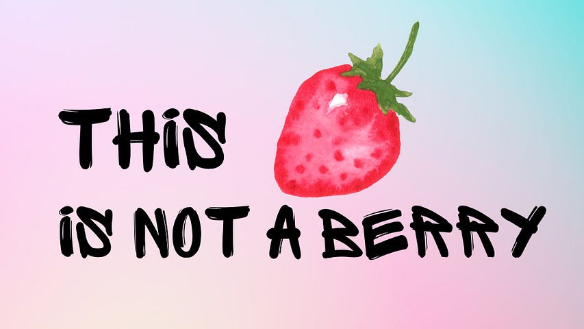 A drawing of a strawberry with the lettering “This is not a berry.”