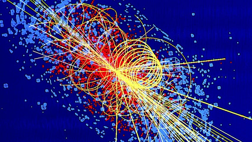 Computer simulation of particle traces from an LHC collision in which a Higgs Boson is produced. CERN | Lucas Taylor | Wikipedia