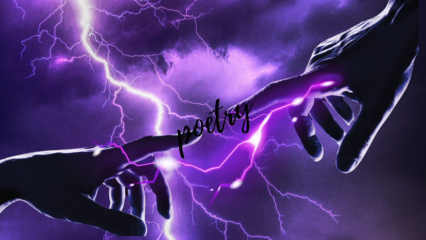 purple lightning behind hands connected by poetry