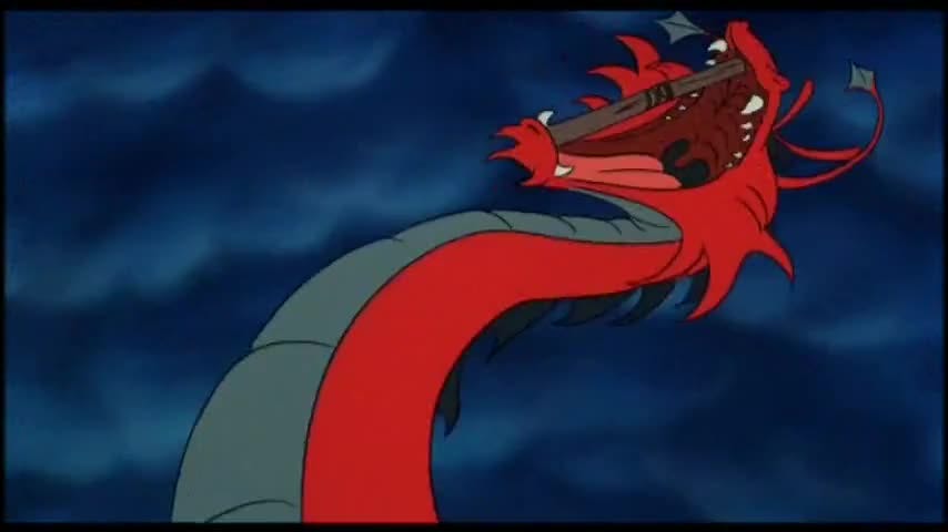 A fanged, red, sea-serpent takes a bite from a wooden sailing ship and gets the mast stuck in its mouth.
