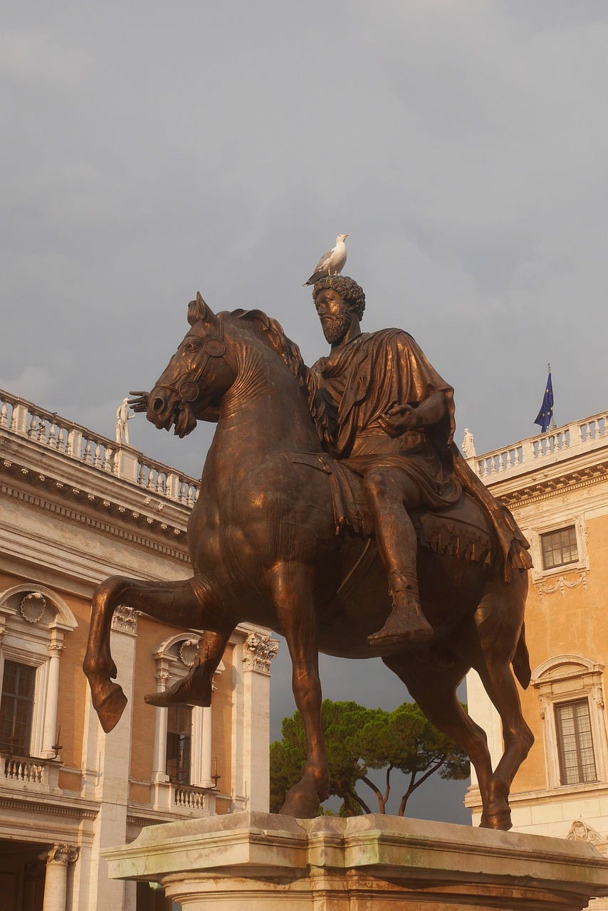 A statue of Marcus Aurelius riding his horse, with a pigeon over his head