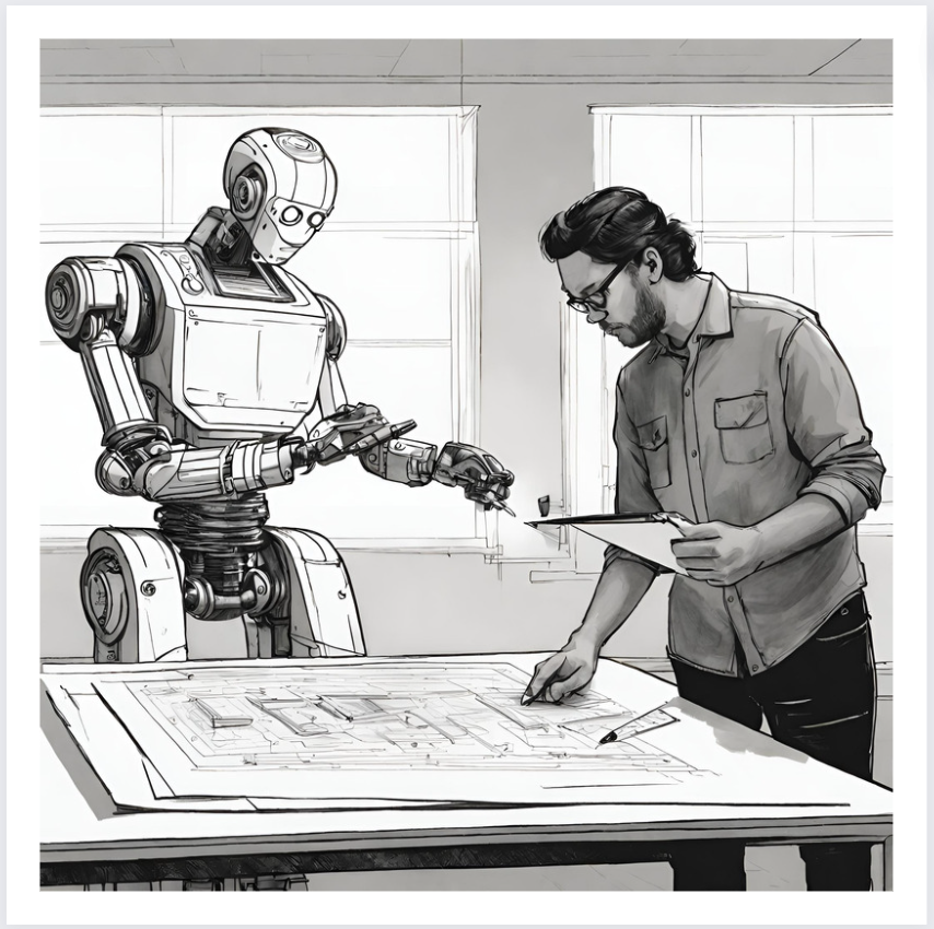 A drawing of a robot and a person standing around a drafting table and reviewing schematics together