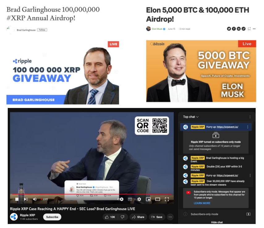 Example cryptocurrency giveaway scam landing pages featuring Brad Garlinghouse and Elon Musk, and a livestream scam on YouTube.