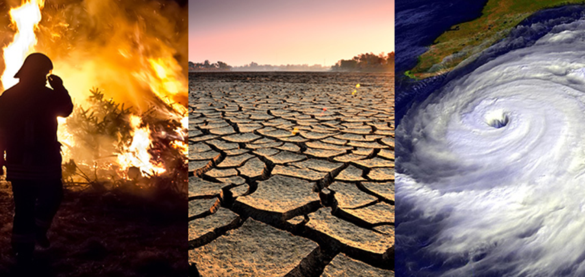 The potential future effects of global climate change include more frequent wildfires, longer periods of drought in some regions, and an increase in the wind intensity and rainfall from tropical cyclones. Credit: left — Mellimage/Shutterstock.com, center — Montree Hanlue/Shutterstock.com, right — NASA.