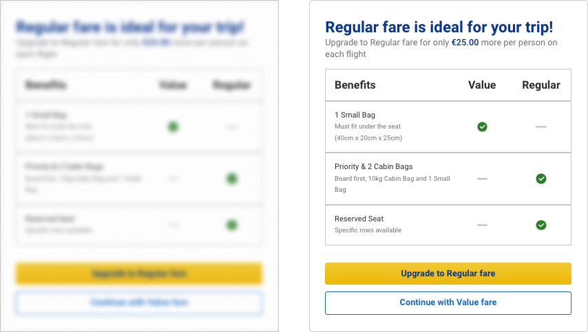 Screens of Ryan air prompting you to upgrade to Regular Fare, on the left blurred, on the right as it is. It becomes clear that the upgrade uption is styled as the primary action.