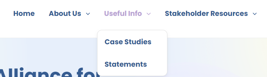 The navigation bar for the new website. The “Useful Info” tab is currently highlighted, expanding to show options to view “Case Studies” and “Statements”.