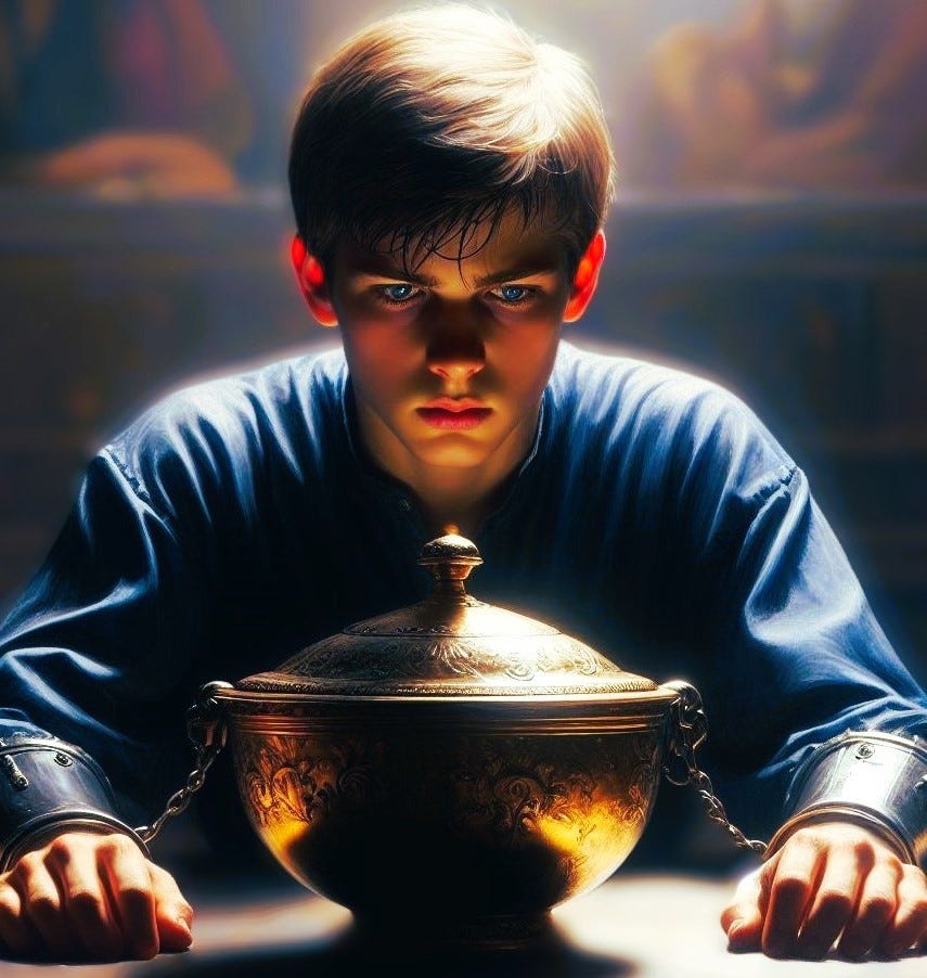 A teenage boy sits at a table wearing metal cuffs. A gold bowl with a lid is on the table in front of him.