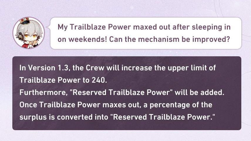 Picture showing how Star Rail Trailblazer limits are increased from 160 to 240, and any extra power is saved in a Reserved Trailblaze Power bank