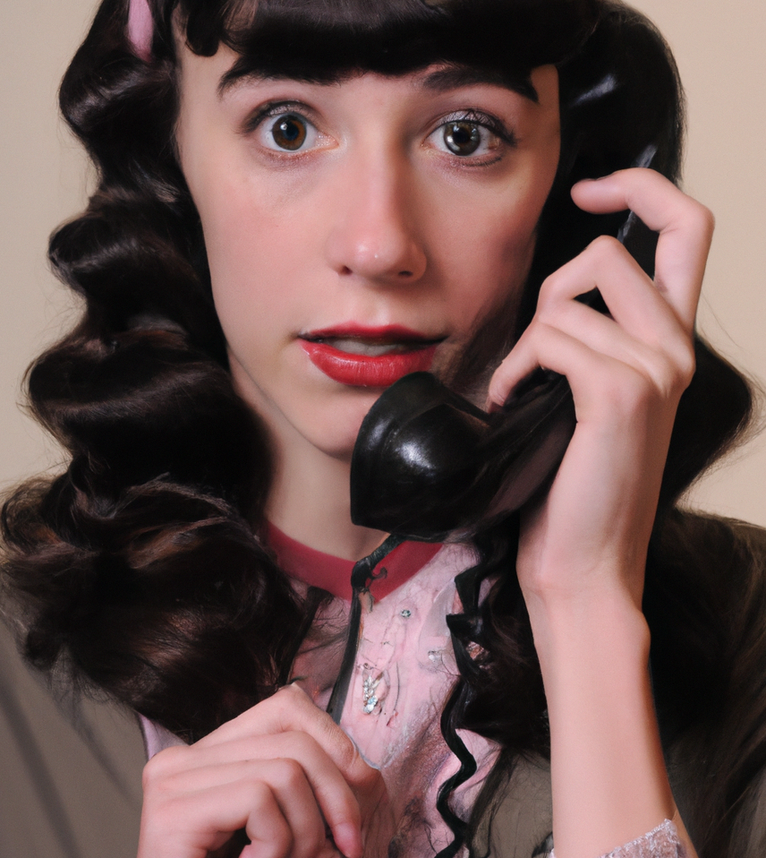 Young woman holding a phone. She has a 1940s hairdo and looks like Lily Tomlin