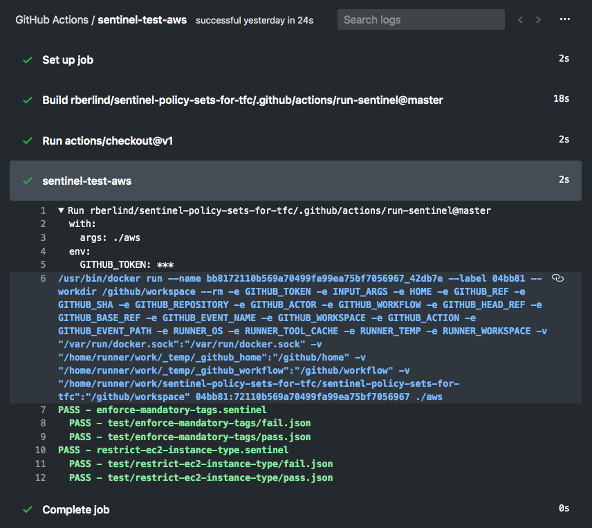 Screenshot from GitHub showing the results from the sentinel-test-aws workflow triggered by the pull request