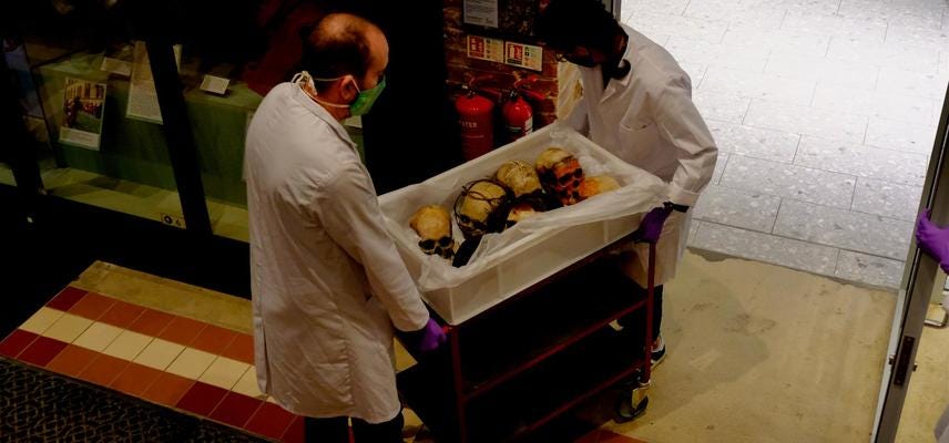 Staff members move objects in the Pitt Rivers Museum