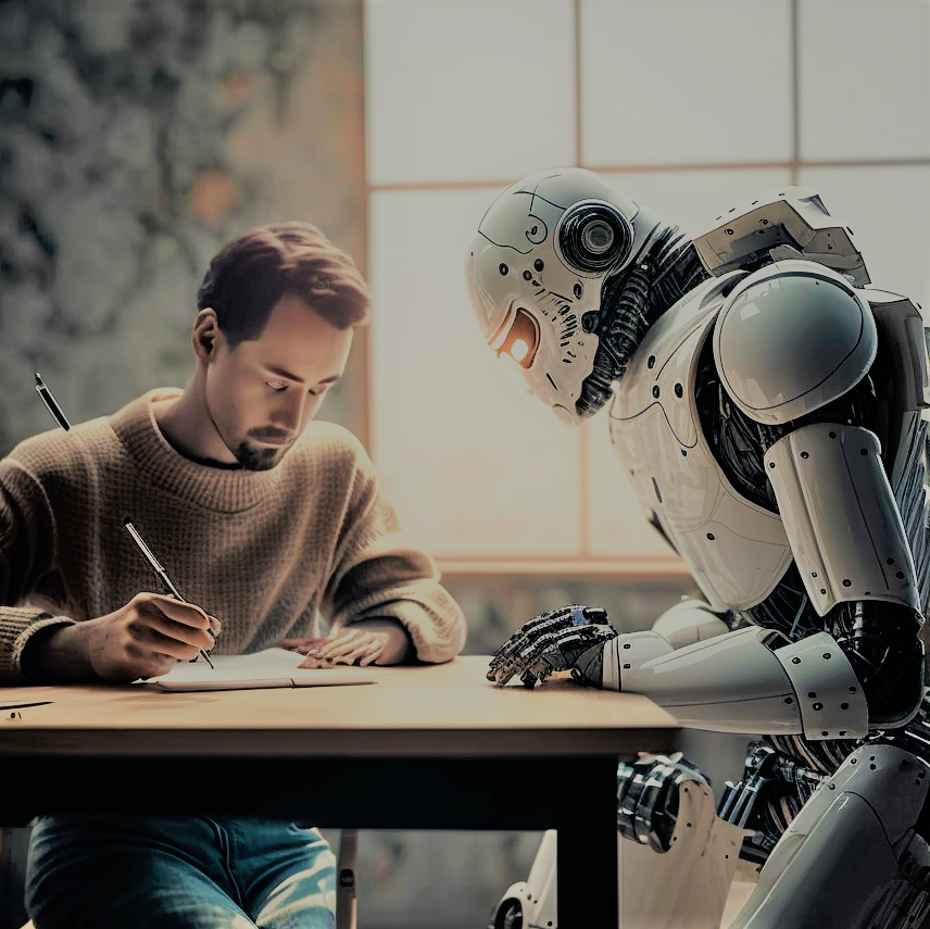 A robot teaching a man