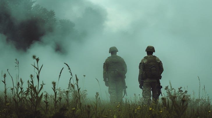 Two combat soldiers seen from the back in silhouette trudge into a misty — smoke-filled landscape.