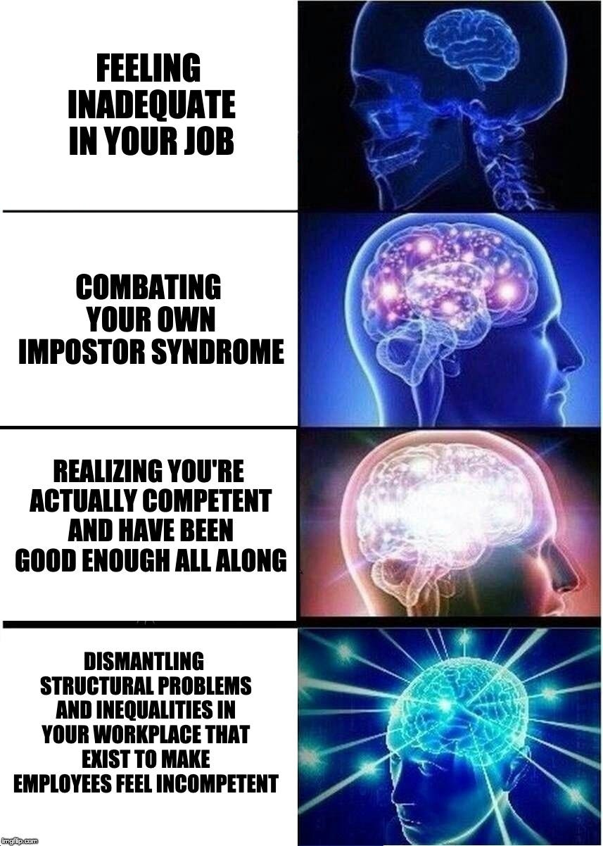 Expanding brain meme about coming out of impostor syndrome