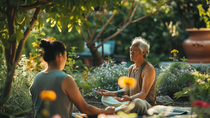 Two people meditate peacefully amidst lush garden surroundings, evoking a sense of calm and connection with nature.