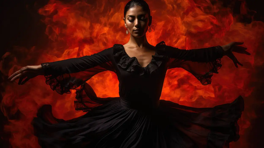 A flamenco dancer in a black dress strikes a pose in front of a fiery background