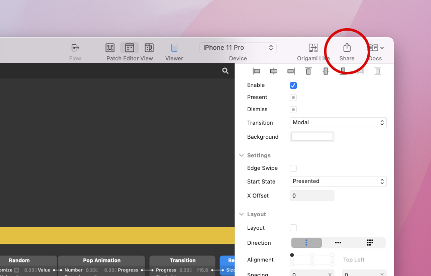 Screenshot of where the share button is located in Origami Studio