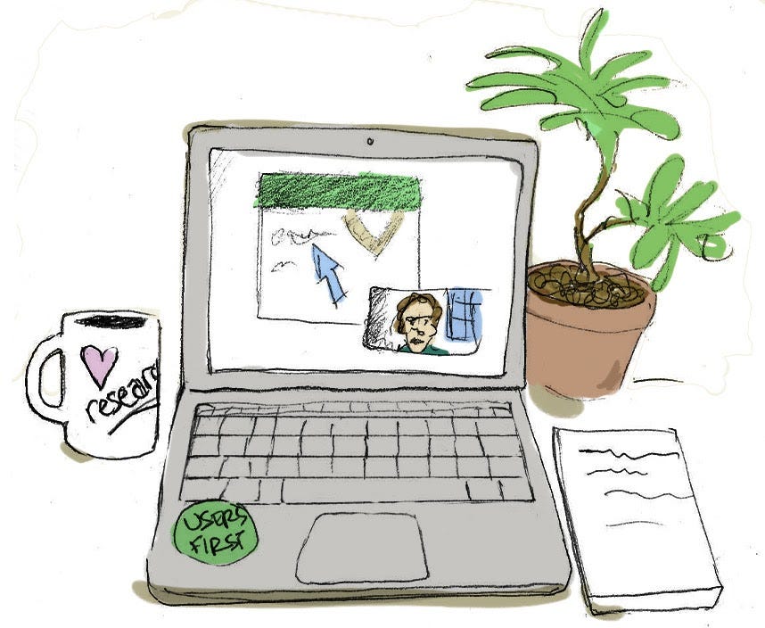 A screen sharing user research session on a laptop screen, a mug and plant nearby indicate the test is being done by the researcher from home.