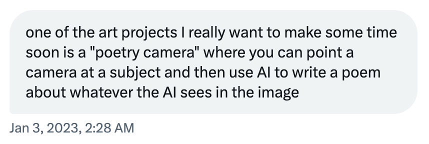 Text message initiating the idea of building a poetry-generating camera.