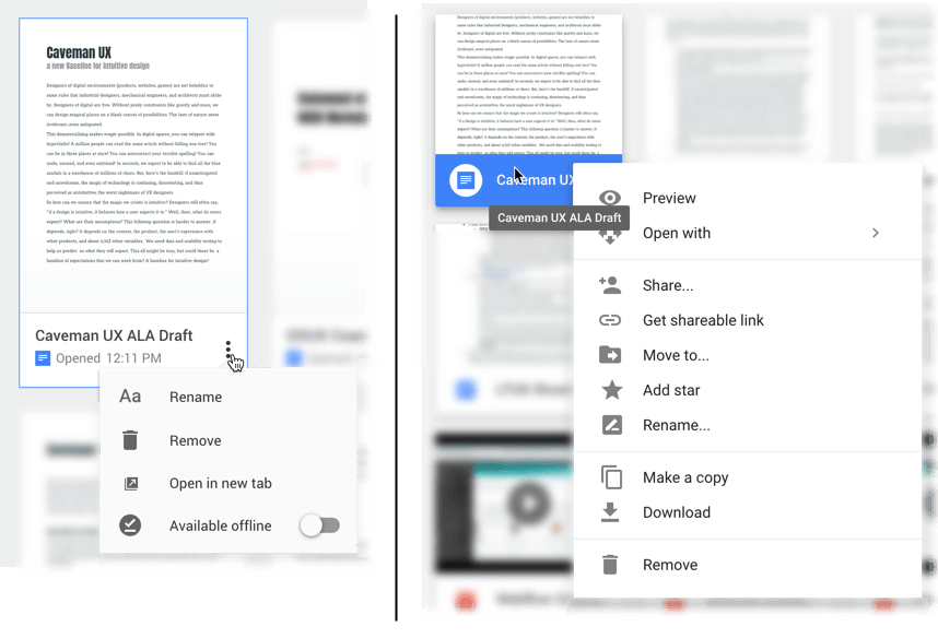 A comparison of two popovers for the same object in Google Docs and Google Drive. In one experience, the user can do many more things (make a copy, download, etc.) with the object than in the other.