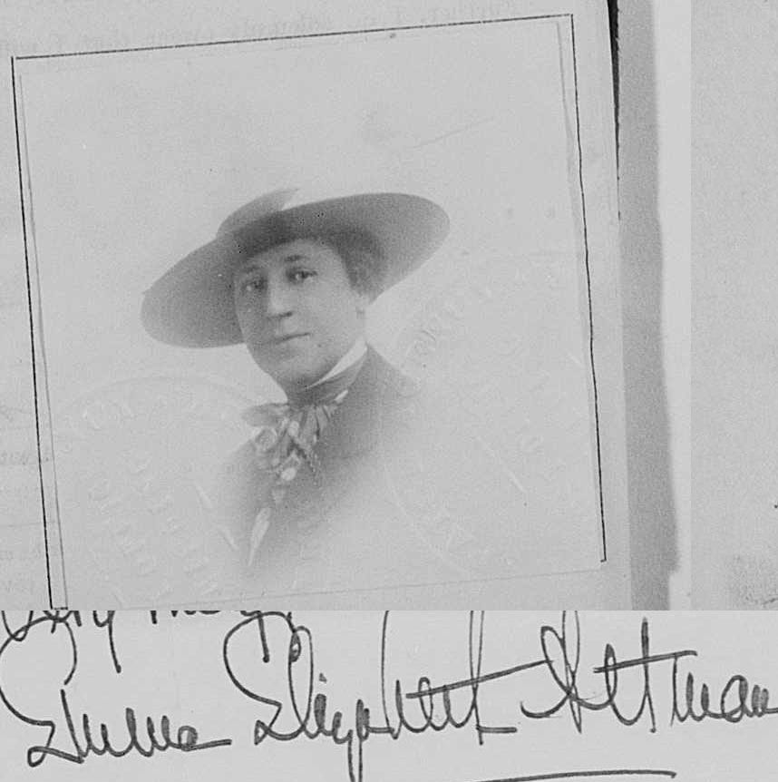 Emma Elizabeth Altman, photograph and signature from 1916 passport application. She claims to have been living in Paris for t