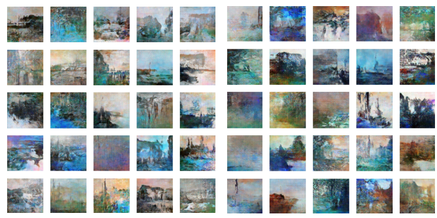 A grid of 50 paintings generated in the style of Claude Monet by the model trained after 500 epochs