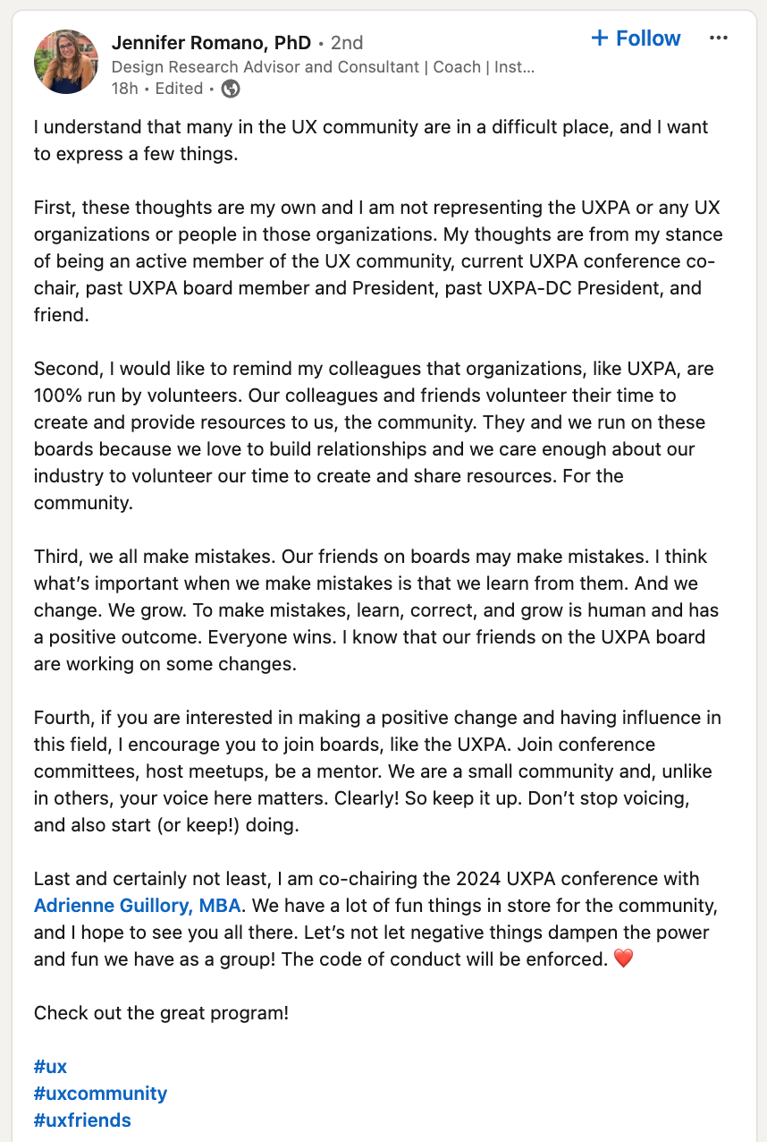 A LinkedIn post by user research manager and leader Jennifer Romano Bergstrom in which she defends the UXPA in awarding its Lifetime Achievement Award to a known sexual harasser within the user experience design and research community.