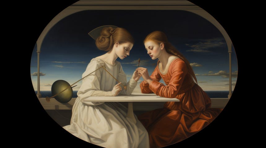 What is the central question of the philosophy of art, two women observing a drawing