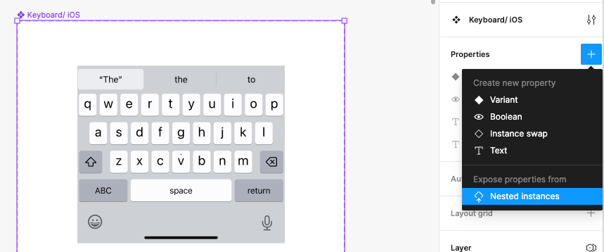 A keyboard component in Figma with the properties panel menu open and the ‘Nested instances’ option in the menu highlighted
