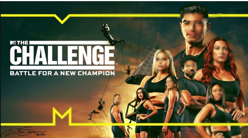 An edited promotional graphic for a television show called “The Challenge: Battle for a New Champion”. The image features multiple contestants in athletic attire, positioned as if ready for competition. In the background, a figure is seen swinging on a rope, suggesting an action-packed event. The graphic has a grungy, stylized design typical of reality competition show advertisements. The show’s logo is prominently displayed at the top, along with the MTV logo, indicating the network it airs on.