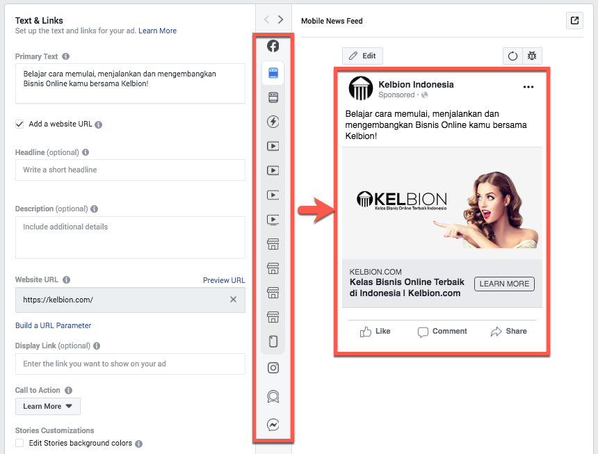 text links facebook ads